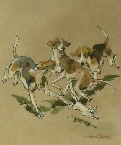 null Yvan BENOIST-GIRONIERE (né en 1930)

Les trois chiens et le chat

Aquarelle...