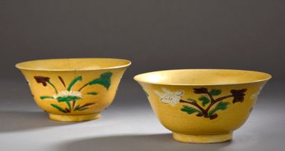 null Paire de bols en porcelaine à fond jaune et décor vert et aubergine

Chine,...