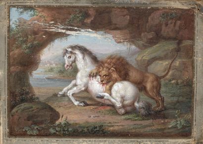 null Ecole du Nord du XVIIIème siècle 

Lion attaquant un cheval dans un paysage...