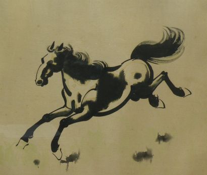 null Peinture sur soie, Chine, dans le style de Xu Beihong
Cheval 
H. 28 L. 33 cm...