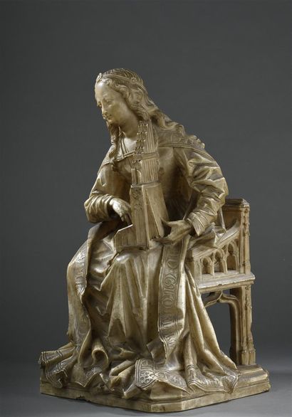  Sainte Cécile en albâtre sculpté en ronde-bosse Castille, attribuée à Gil de Siloé...