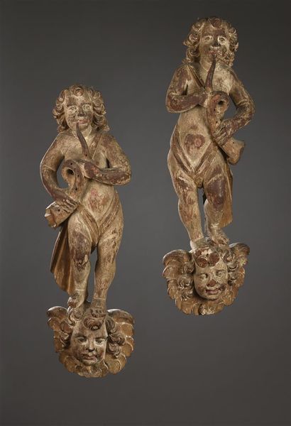 null Paire d'anges musiciens, première moitié du XVIIe siècle
En bois sculpté avec...