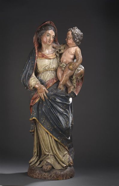 null Vierge à l'Enfant, XVIIe siècle
En bois sculpté en ronde-bosse, polychromé et...