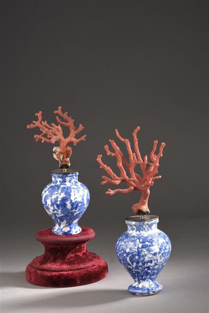 null Paire de branches de corail rouge montées
sur des vases balustre en faïence...