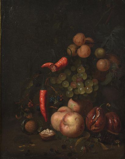 null Jan MORTEL (vers 1650-1719)
Raisins, prunes, pêches et noix
Huile sur toile...