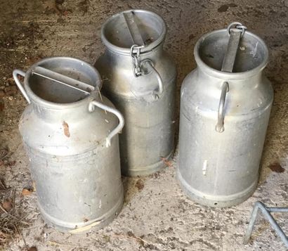 null Trois pots à lait en aluminium, on y joint un pot à lait en aluminium peint....