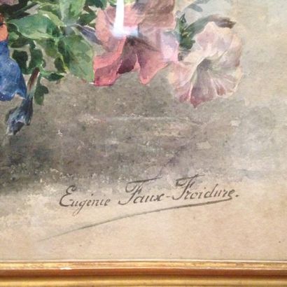 null Eugénie FAUX-FROIDURE (1886-?) 
Bouquet de pétunias dans un panier
Aquarelle
Signée...