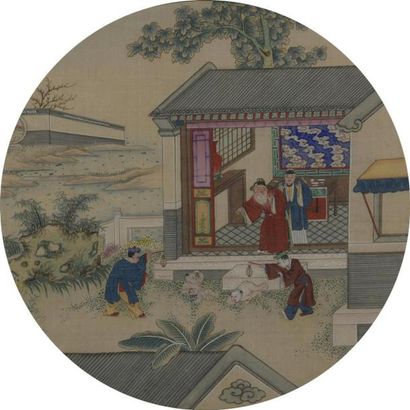 null Deux petites peintures rondes à l'encre et couleurs sur soie encadrées
Chine,...