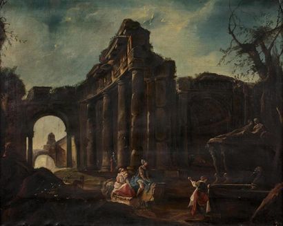 null Ecole ITALIENNE vers 1800, suiveur de PANINI
Paysage de ruines animées
Toile...