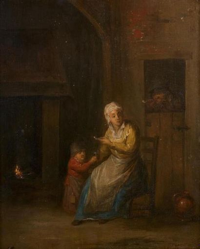 null Ecole FLAMANDE du XVIIIe siècle 
Mère et son enfant près de l'âtre, joueurs...