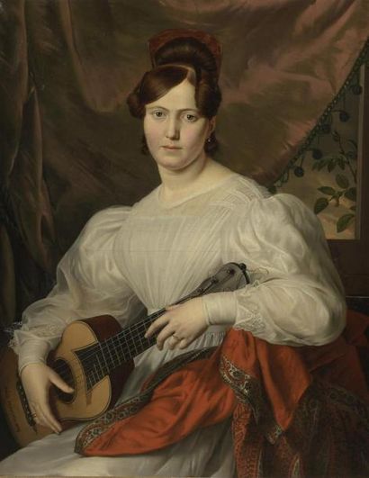 null Ange FRANÇOIS (Bruxelles 1 800 - 1867)
Portrait de jeune femme tenant une guitare
Toile...