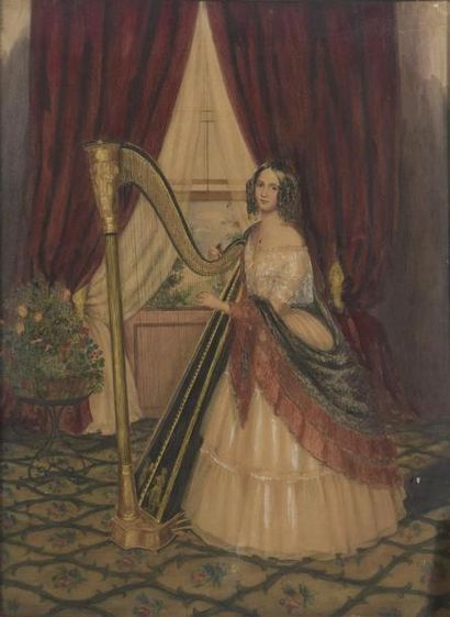 null Ecole française du XIXe siècle 
Harpiste accordant son instrument dans un salon...