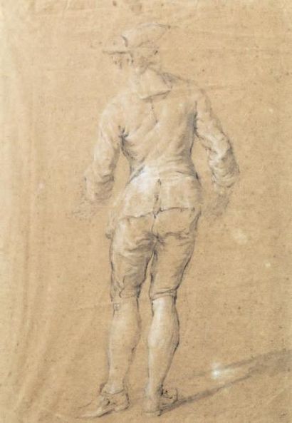 Nicolas LANCRET (1690-1743) Jeune homme de dos Dessin rehaussé de blanc. 34 x 24...