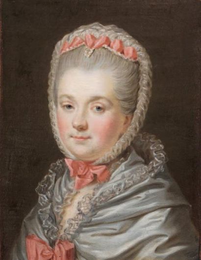 École FRANCAISE vers 1760 Jeune femme aux noeuds roses et satin blanc Toile marouflée...