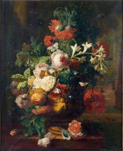 École HOLLANDAISE (ou française) du XIXe s Vase de fleurs sur un entablement de pierre...