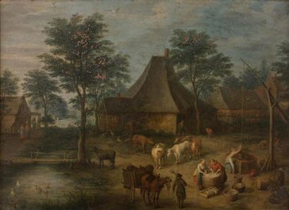  Joseph Van BREDAEL (Anvers 1688 - Paris 1739)
Scène villageoise
Cuivre.
Manques... Gazette Drouot
