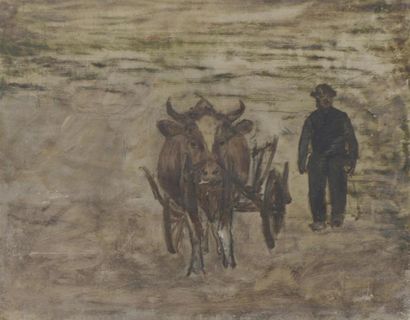 null Emile BARAU
La vache et le paysan
Huile sur panneau 
27 x 35 cm