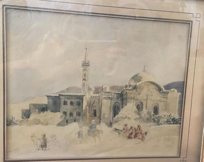 null Ecole orientaliste de la fin du XIXe siècle 
Cavaliers devant une mosquée 
Aquarelle...