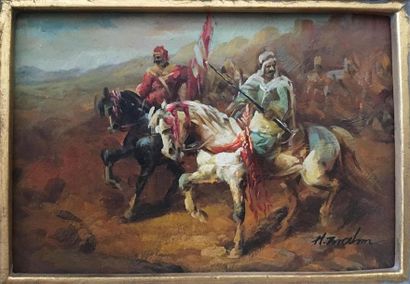 null Ecole orientaliste 
Cavaliers mamelouk
Huile sur panneau
10,5 x 15,6 cm 
