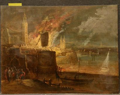 null Daniel Van HEIL (Bruxelles 1604 - vers 1662)
L'incendie de la ville d'Anvers
Cuivre.
Trace...