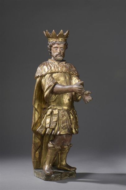 null Roi mage en bois sculpté en rondebosse, polychromé et doré, Espagne, XVII e...