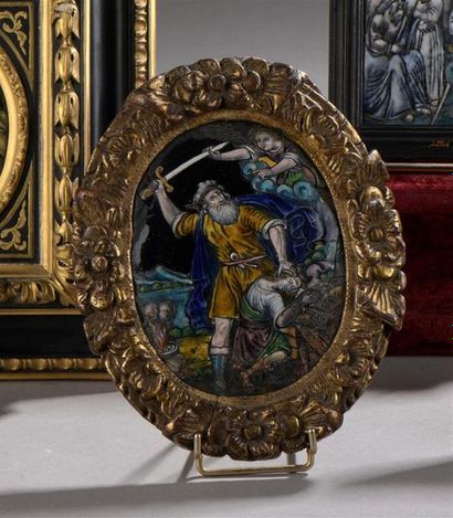 null Plaque ovale en émail peint polychrome avec rehauts d'or Limoges, début du XVII...