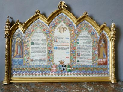 null Canon central d'autel vers 1920
A décor d'enluminures peintes. 
Cadre en bois...