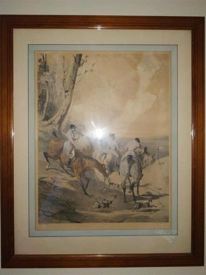null Suite de deux gravures en couleur, XIXe siècle
La halte du cavalier et Chasse...