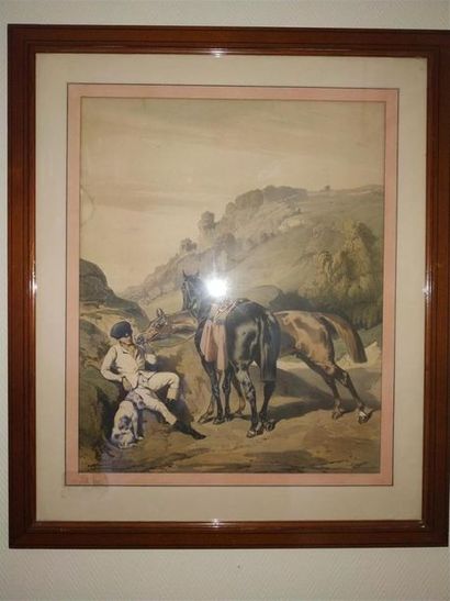 null Suite de deux gravures en couleur, XIXe siècle
La halte du cavalier et Chasse...