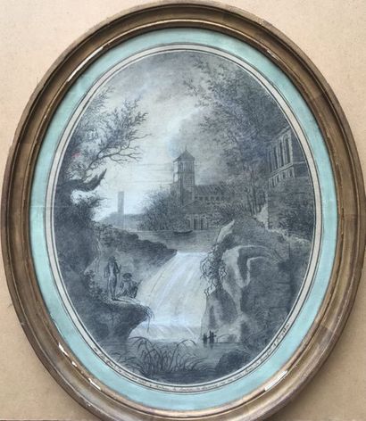 null École française du XVIIIe siècle
Deux artistes devant une cascade
Dessin ovale...