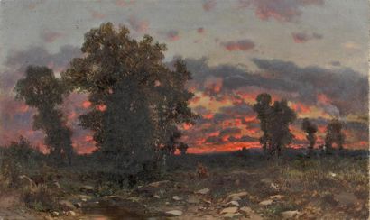 null Ettore CUMBO (Messine, 1833 - ? 1899)
Paysage au crépuscule
Toile.
Accidents.
29...