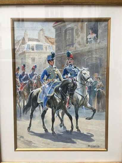 Eugène Lelievre, vers 1900 Hussards à cheval...