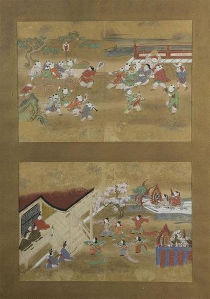 null Quatre peintures à l'encre et couleurs sur papier à fond or
Japon, fin du XVIIIe-début...