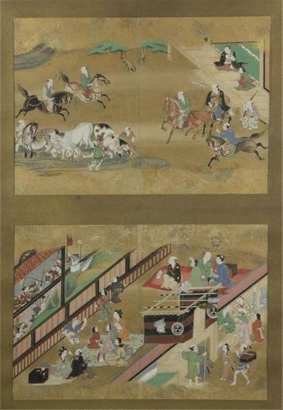 null Quatre peintures à l'encre et couleurs sur papier à fond or
Japon, fin du XVIIIe-début...