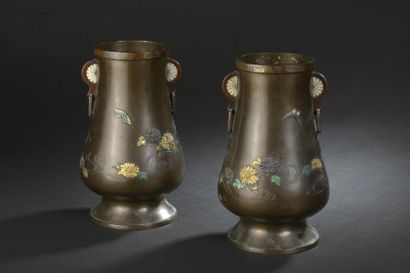 Paire de vases en bronze incrusté et émaillé
Japon,...