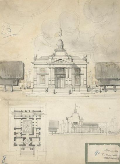  Vauthier, vers 1875 Palais episcopal de Richelieu Dessin 59 x 38 cm 