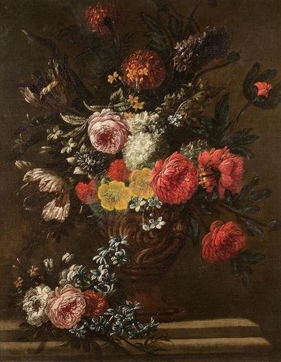  Jean Baptiste BOSSCHAERT (1667 - 1746) Bouquet de fleurs sur un entablement Toile...
