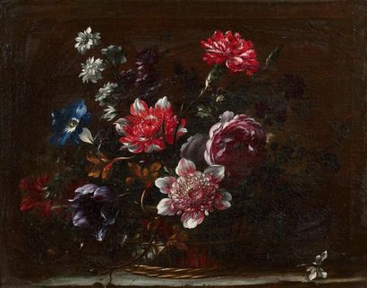  Attribué à Jean Baptiste DUBUISSON (1660-1735) Corbeille de fleurs sur un entablement...