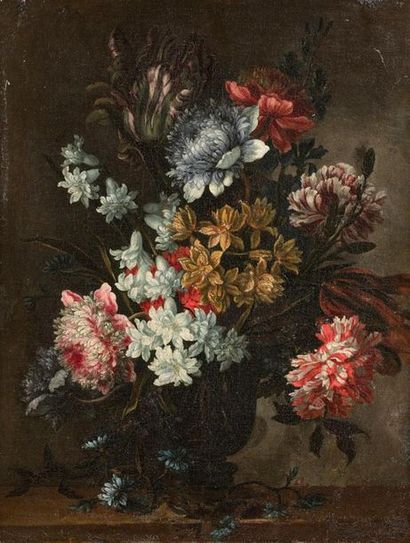  Attribué à Jean-Baptiste MONNOYER (1636-1699) Fleurs coupées dans un vase posé sur...
