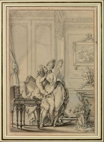  LE BRUN (actif au XVIIIème siècle) Une paire de scène galante : Plume et encre noire,...