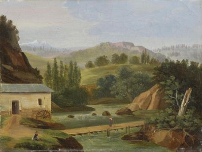 Ecole française vers 1840 Paysage au moulin...
