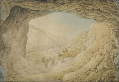  Christophe RHEINER (1784-1866) Paysage vue d'une grotte Crayon noir, plume et encre...