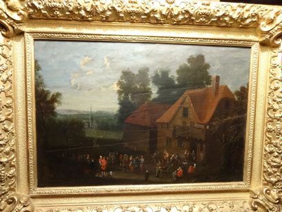 null Ecole Flamande, vers 1700, suiveur David Teniers 
Scène villageoise
Huile sur...