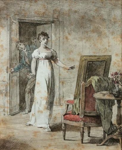  Martin DRÖLLING (Oberhergheim, 1752 - Paris, 1817) Une femme surprise Panneau de...
