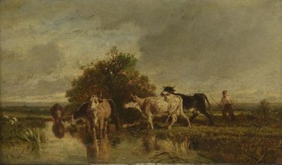 null Frank Brissot (actif circa 1879)
Paysan et vaches
Huile sur panneau signé en...