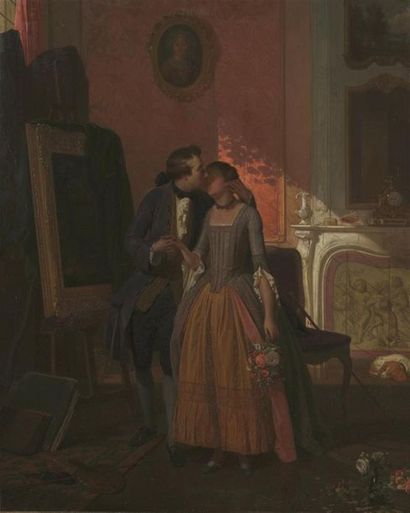 null Francois de BACKER (1812-1872)
Le peintre et son modèle
Panneau de noyer.
59,5...