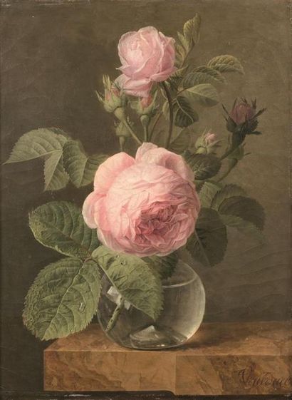null Jan Frans Van DAEL (1764-1840)
Roses dans un vase bulbe posé sur un entablement...