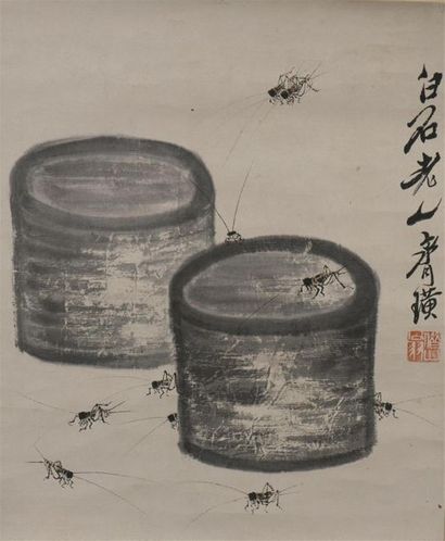 null Peinture en rouleau à l'encre
Chine
À décor de criquets et deux pots, inscription...