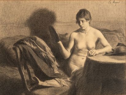 null Charles Jean AGARD (1866-1950) Femme au miroir Fusain signé en haut à droite...