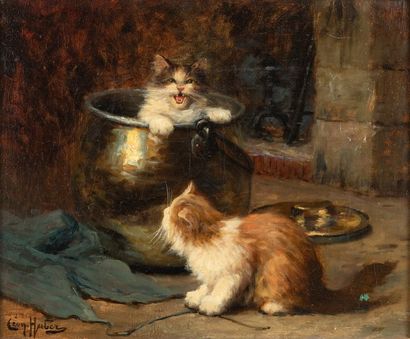 null Léon Charles HUBER (1858-1928) Les chatons au chaudron Huile sur toile signée...